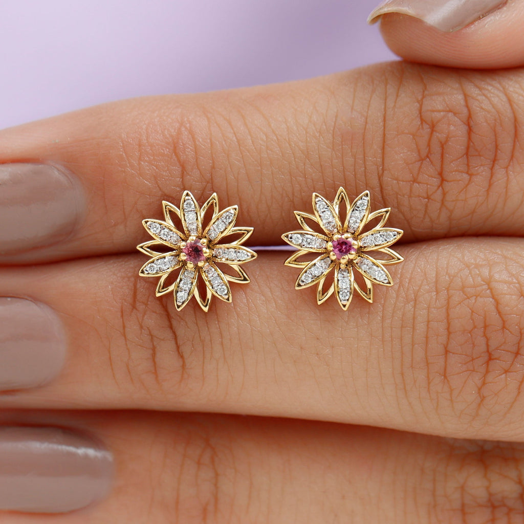 Round Pink Tourmaline Flower Stud Earrings with Diamond