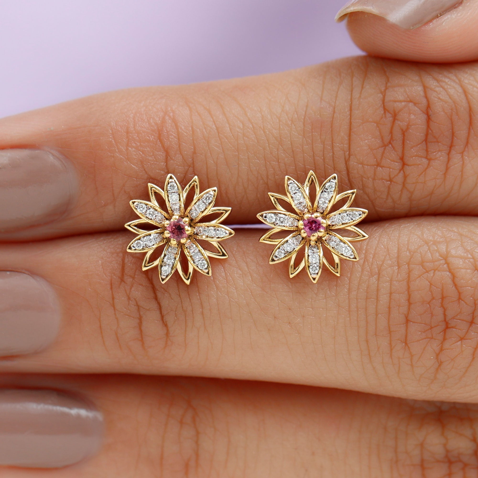Round Pink Tourmaline Flower Stud Earrings with Diamond