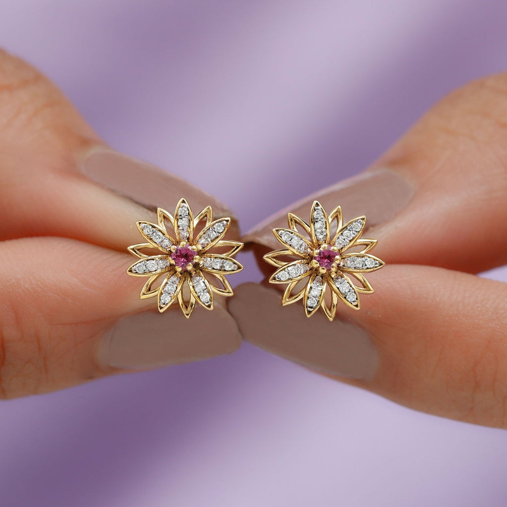 Round Pink Tourmaline Flower Stud Earrings with Diamond