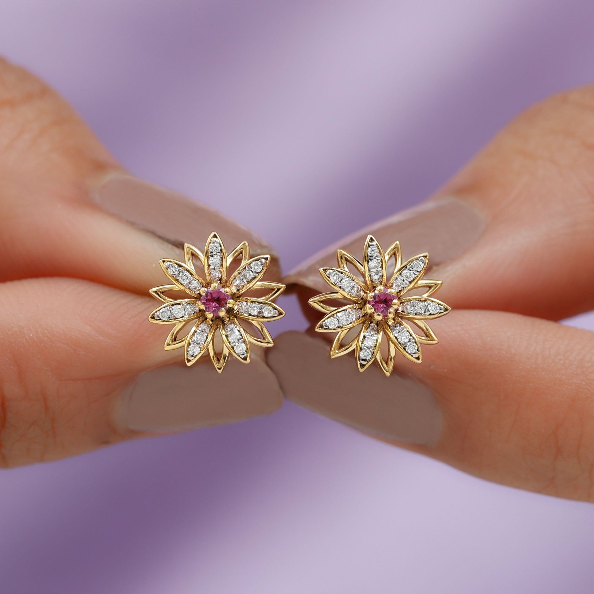 Round Pink Tourmaline Flower Stud Earrings with Diamond