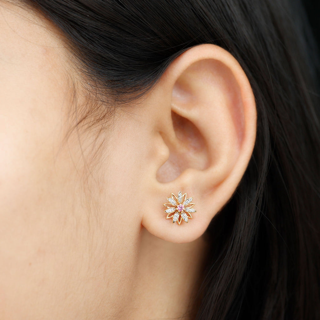 Round Pink Tourmaline Flower Stud Earrings with Diamond