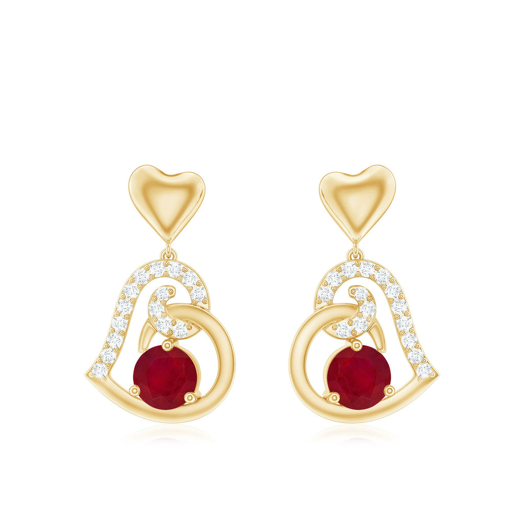 Round Ruby Heart Drop Earring with Diamond Accent