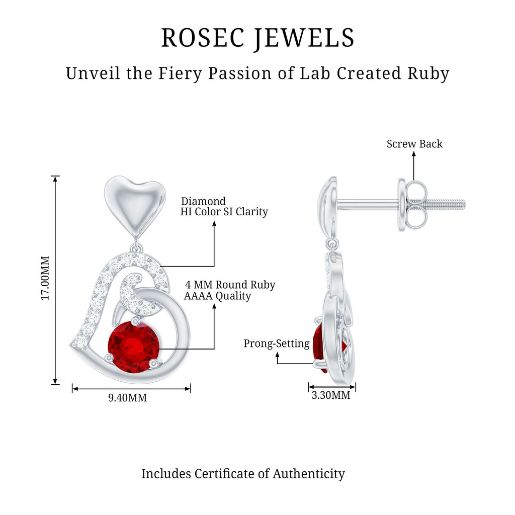 Lab Created Ruby and Diamond Heart Drop Earrings