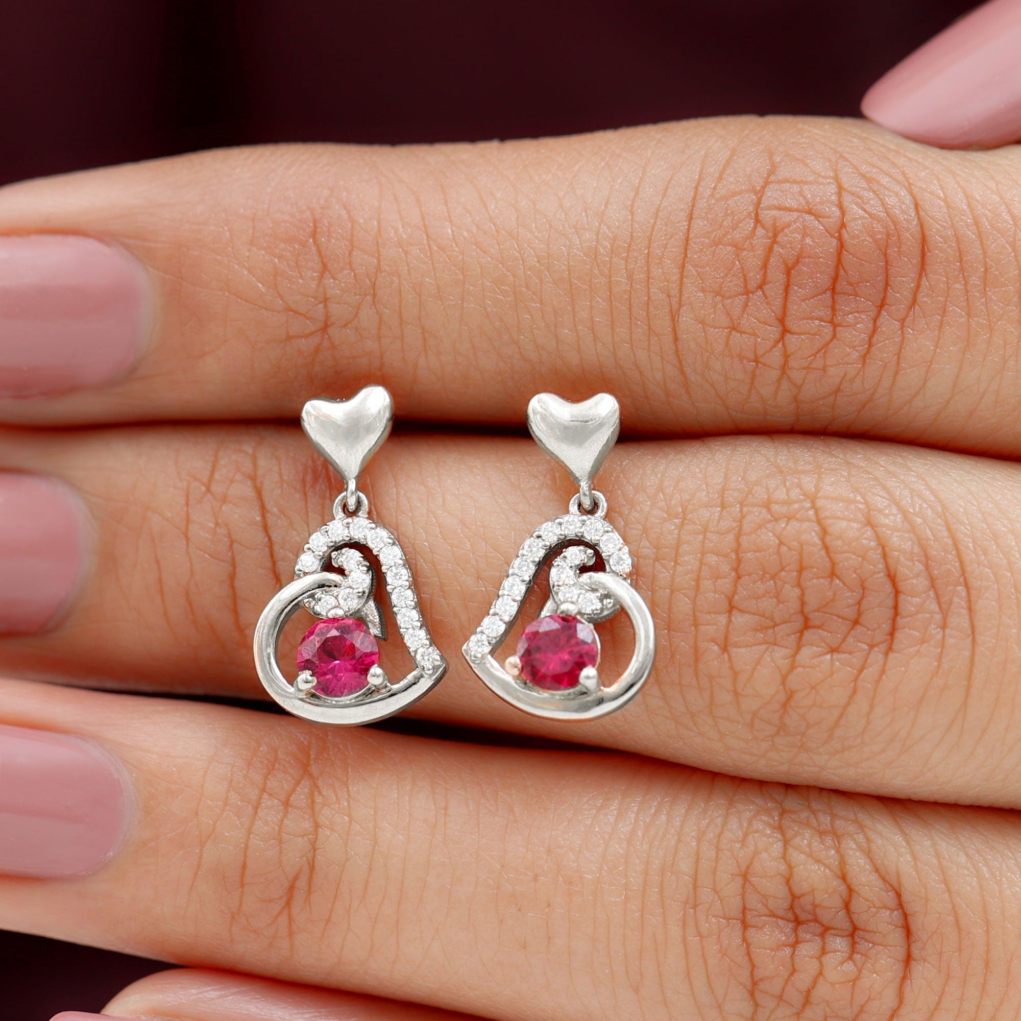 Lab Created Ruby and Diamond Heart Drop Earrings