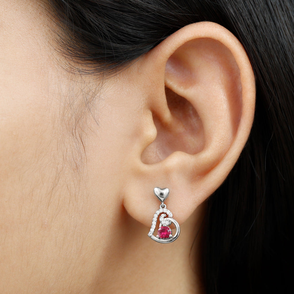 Lab Created Ruby and Diamond Heart Drop Earrings