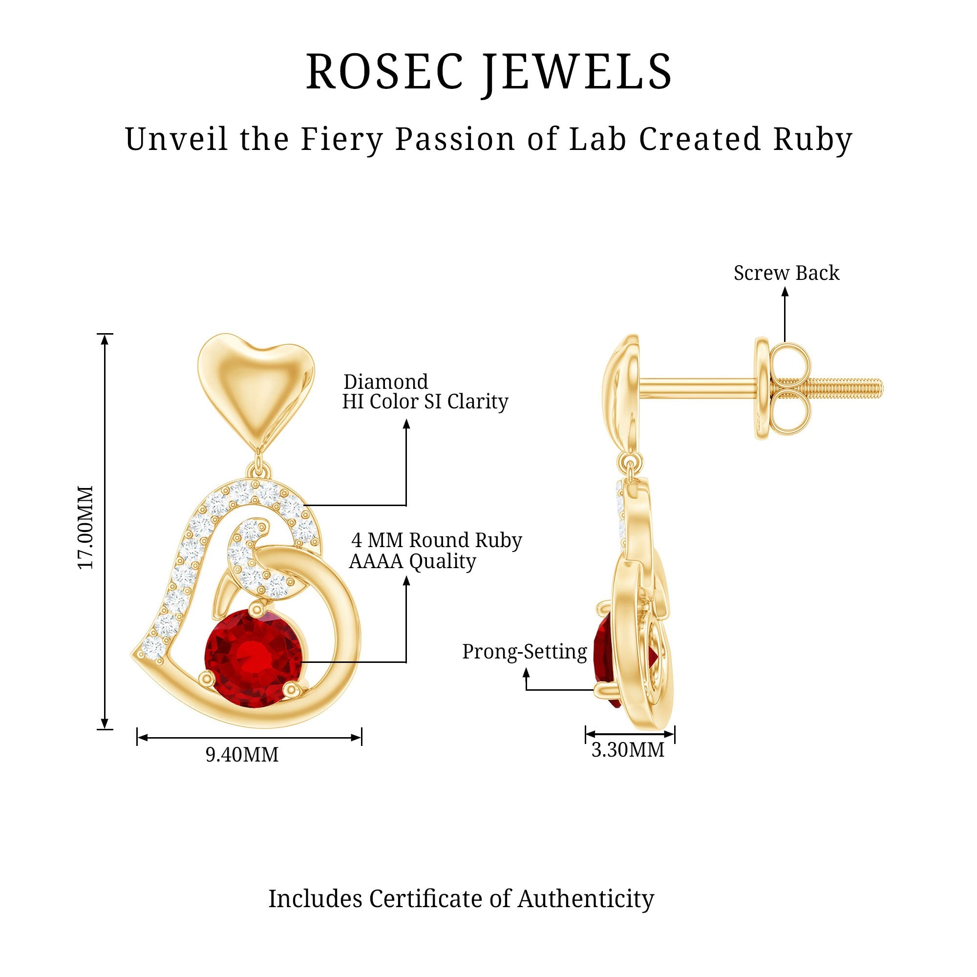 Lab Created Ruby and Diamond Heart Drop Earrings