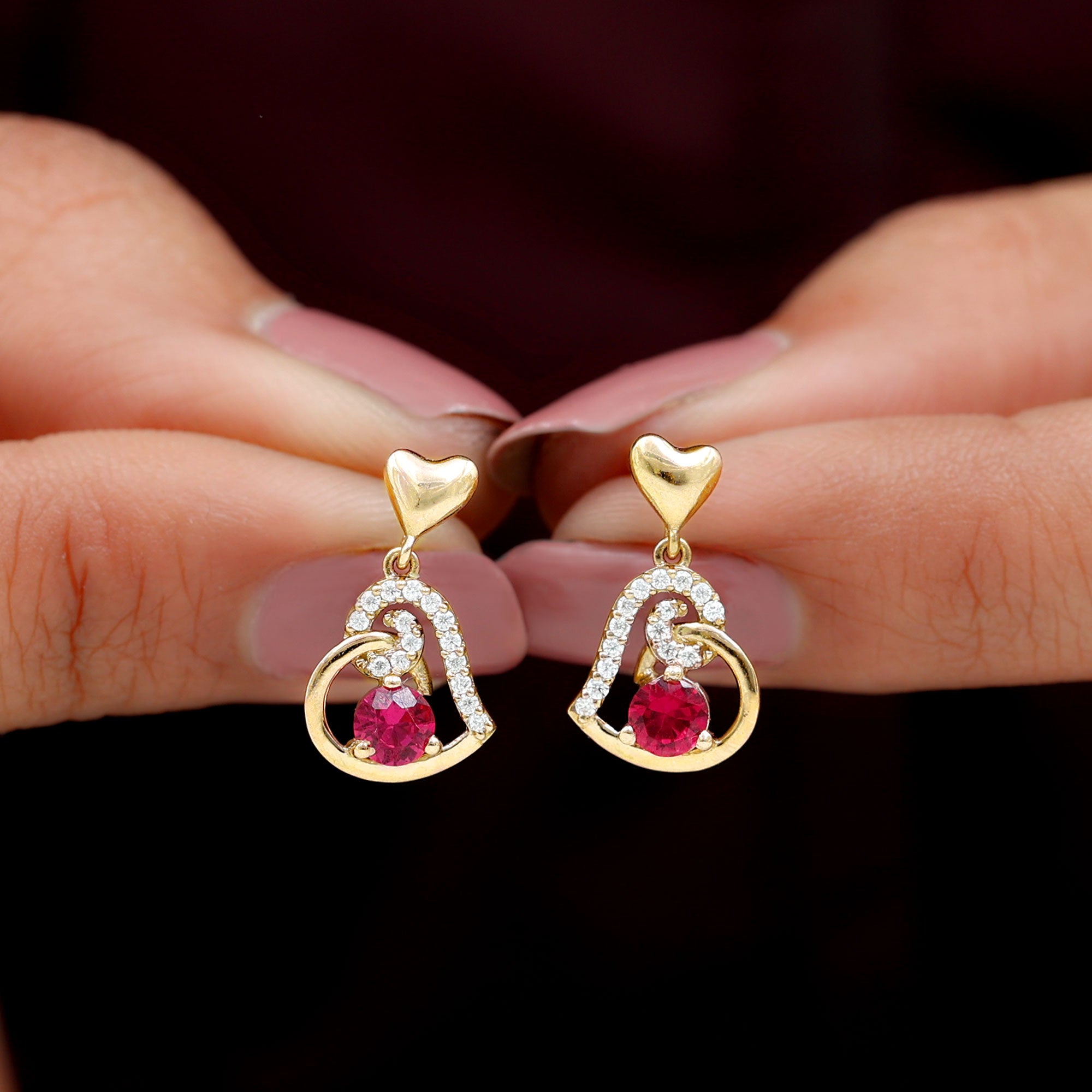 Lab Created Ruby and Diamond Heart Drop Earrings