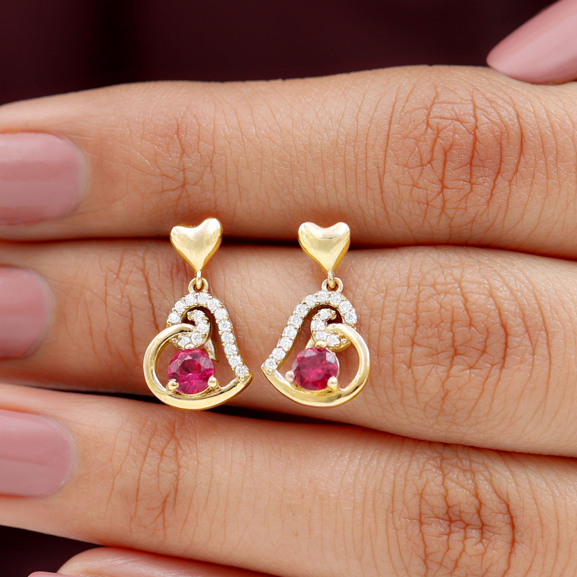 Lab Created Ruby and Diamond Heart Drop Earrings