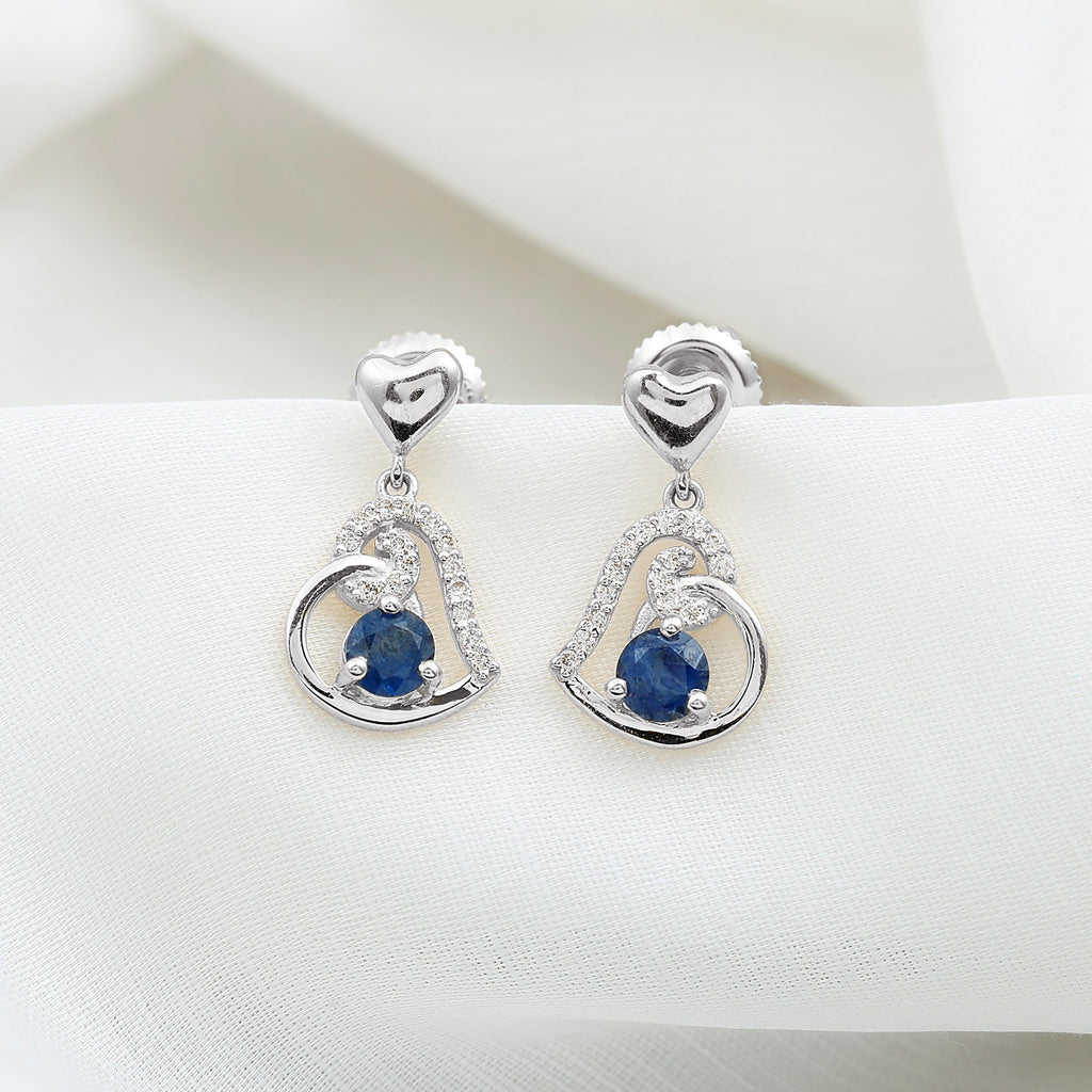 Real 0.8 Carat Blue Sapphire and Diamond Dangling Earrings