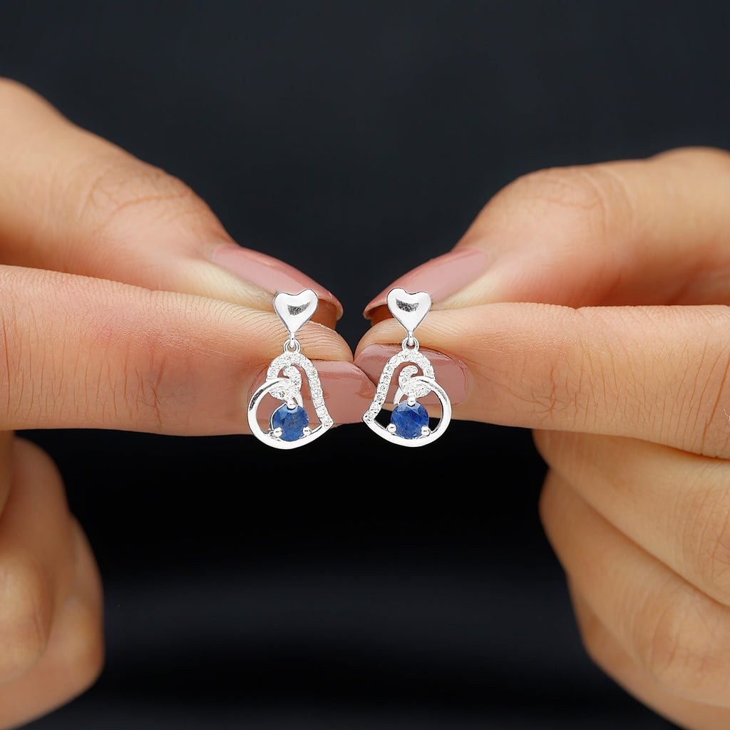 Real 0.8 Carat Blue Sapphire and Diamond Dangling Earrings