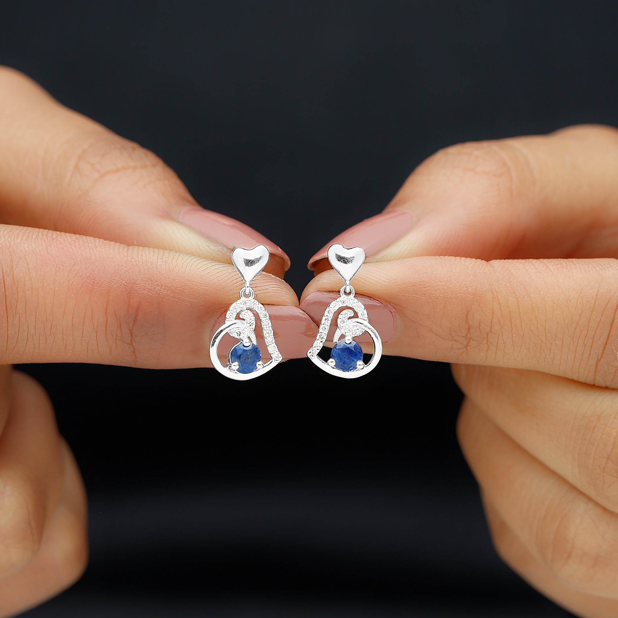 Real 0.8 Carat Blue Sapphire and Diamond Dangling Earrings