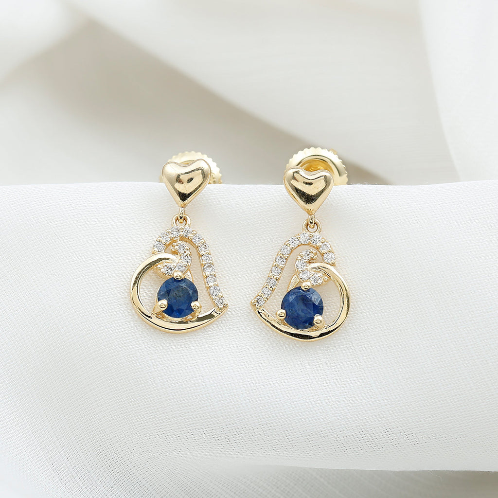 Real 0.8 Carat Blue Sapphire and Diamond Dangling Earrings