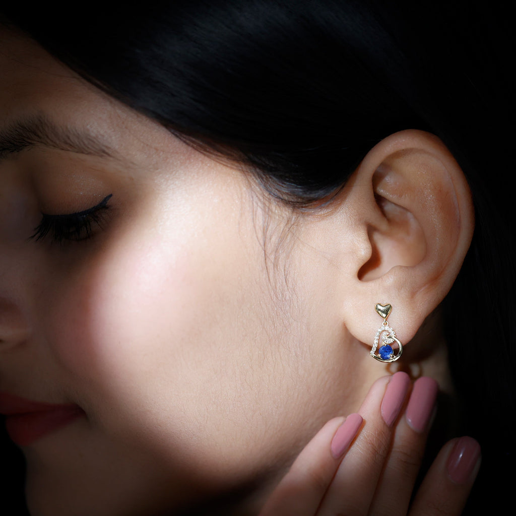 Real 0.8 Carat Blue Sapphire and Diamond Dangling Earrings