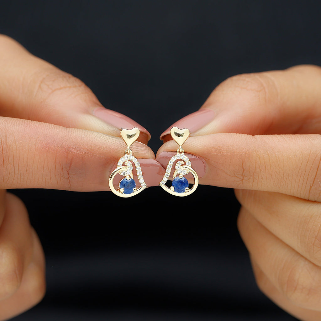 Real 0.8 Carat Blue Sapphire and Diamond Dangling Earrings