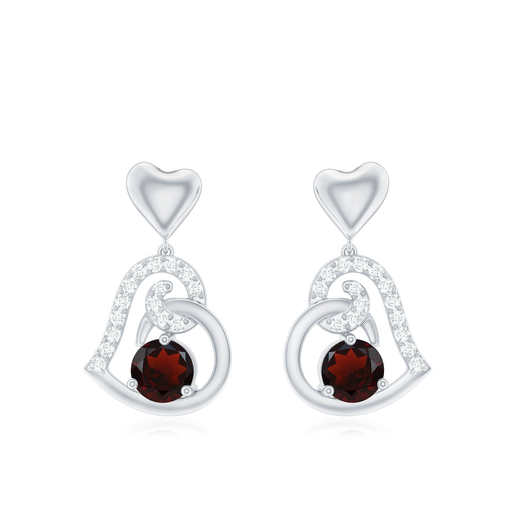 Garnet Heart Drop Earrings with Diamond Accent