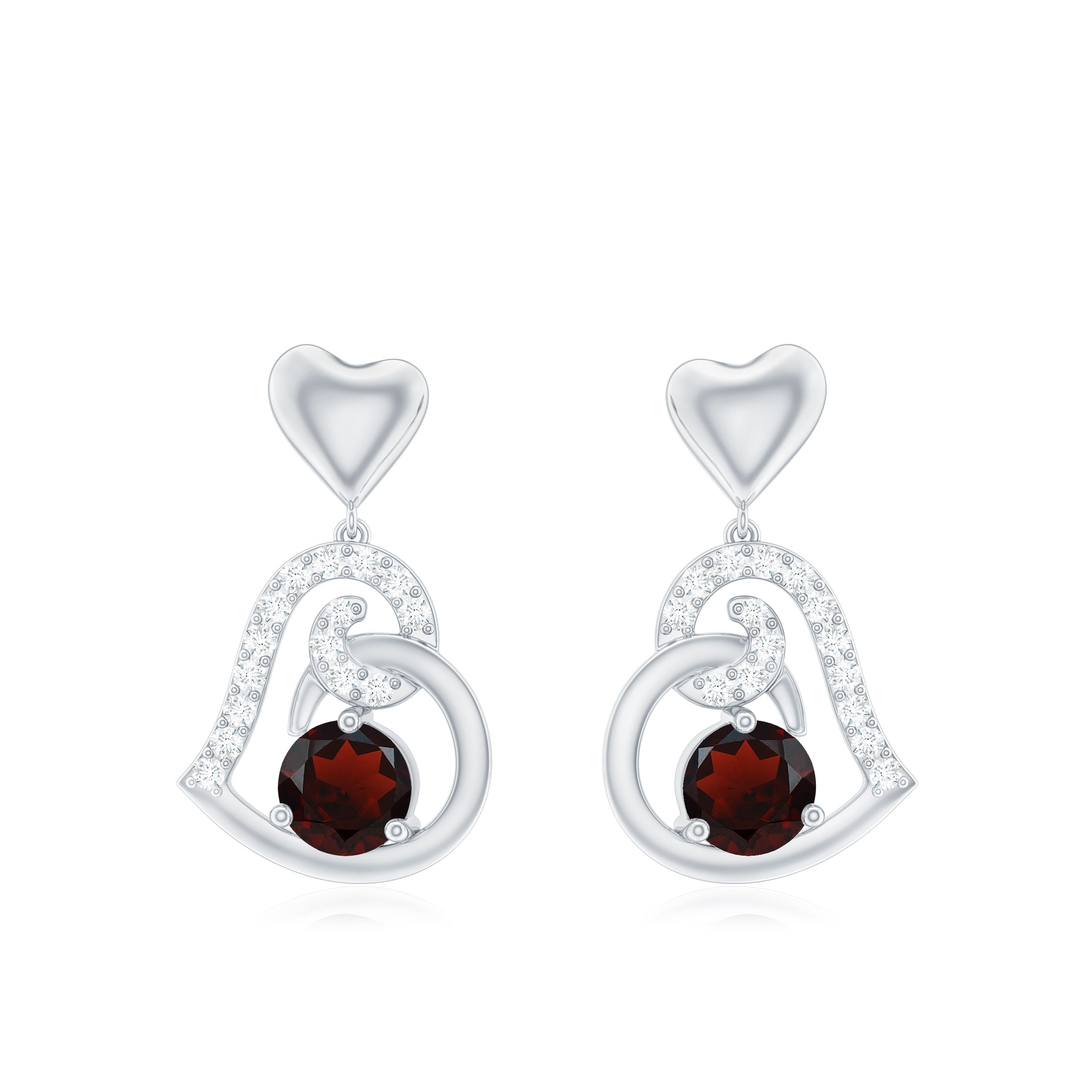 Garnet Heart Drop Earrings with Diamond Accent