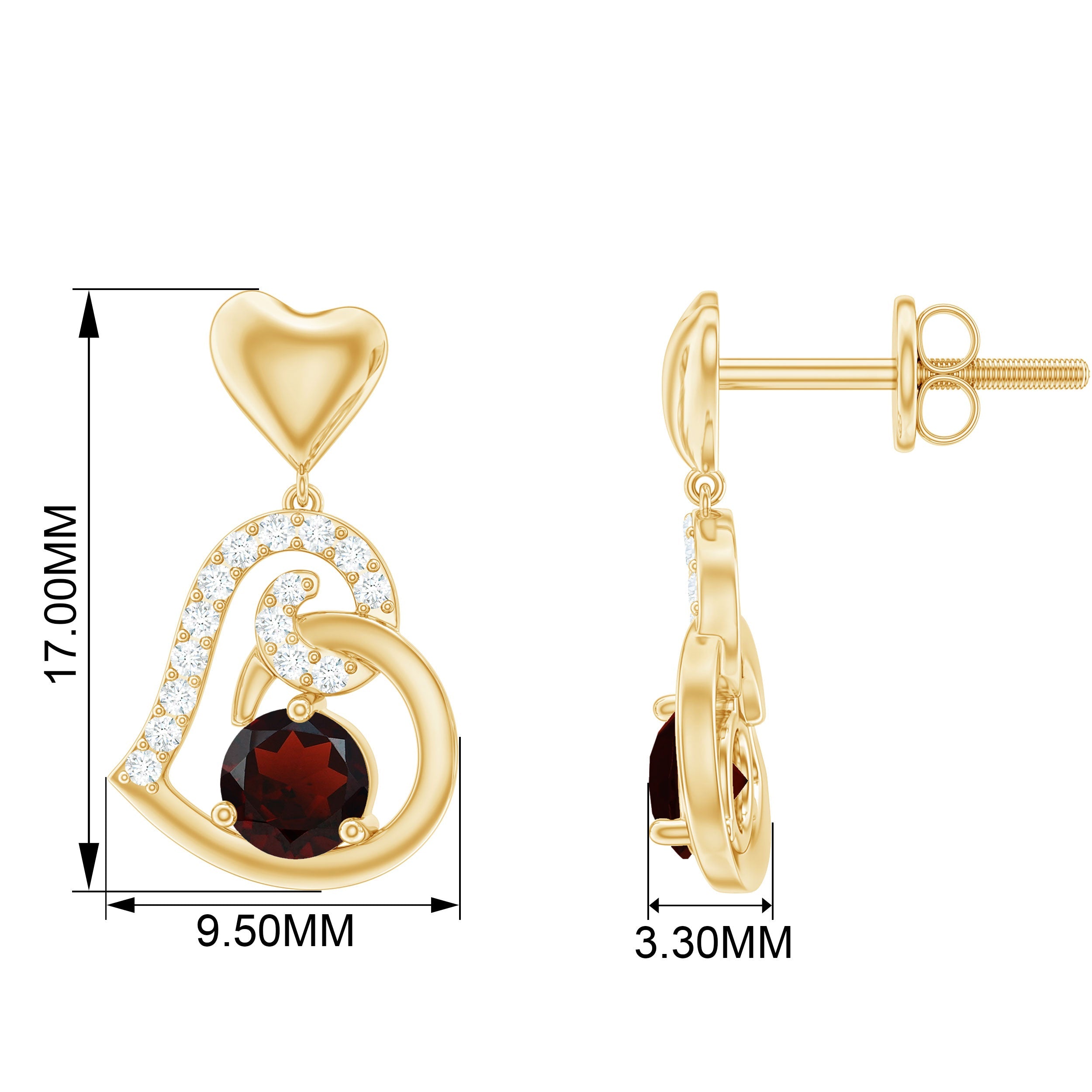 Garnet Heart Drop Earrings with Diamond Accent