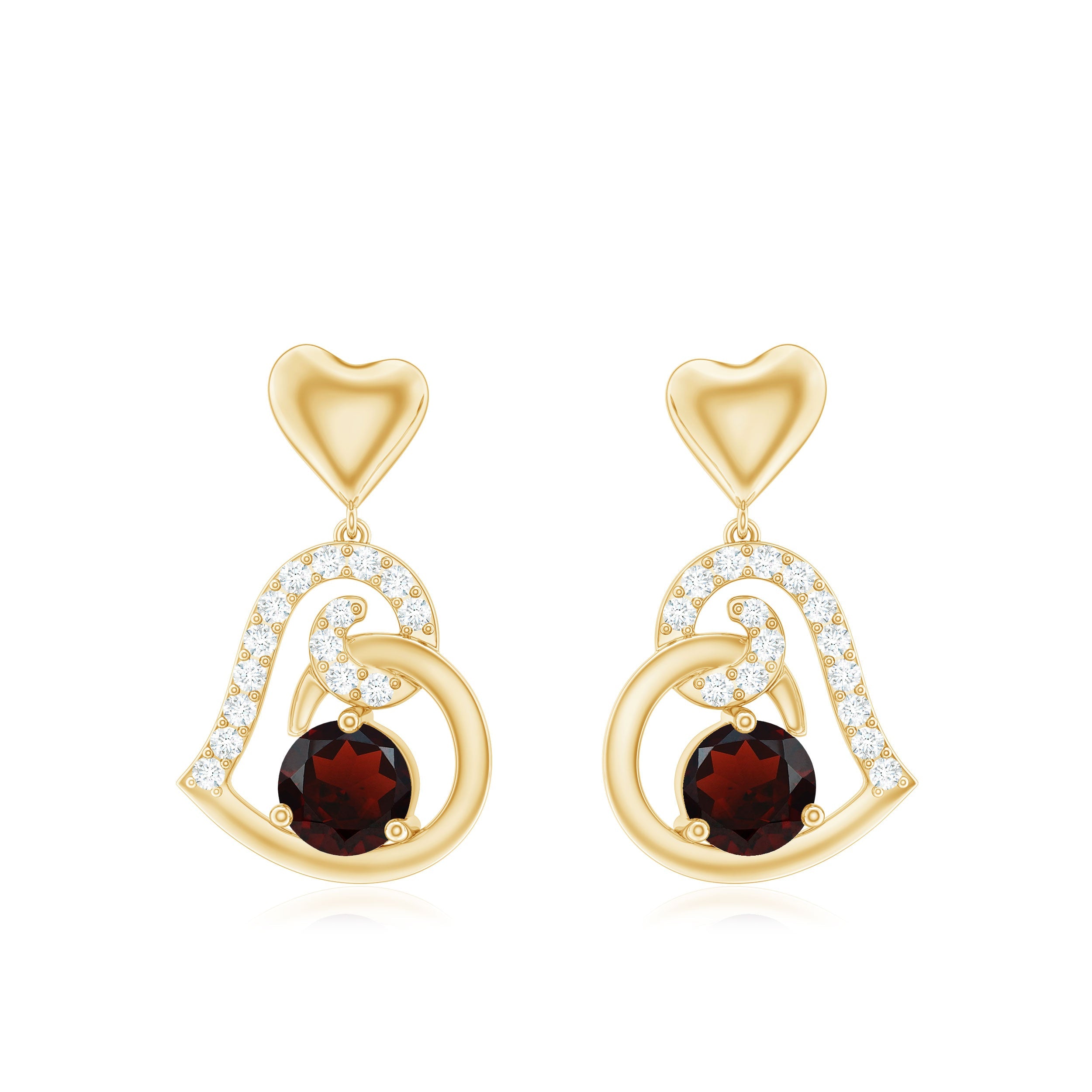 Garnet Heart Drop Earrings with Diamond Accent