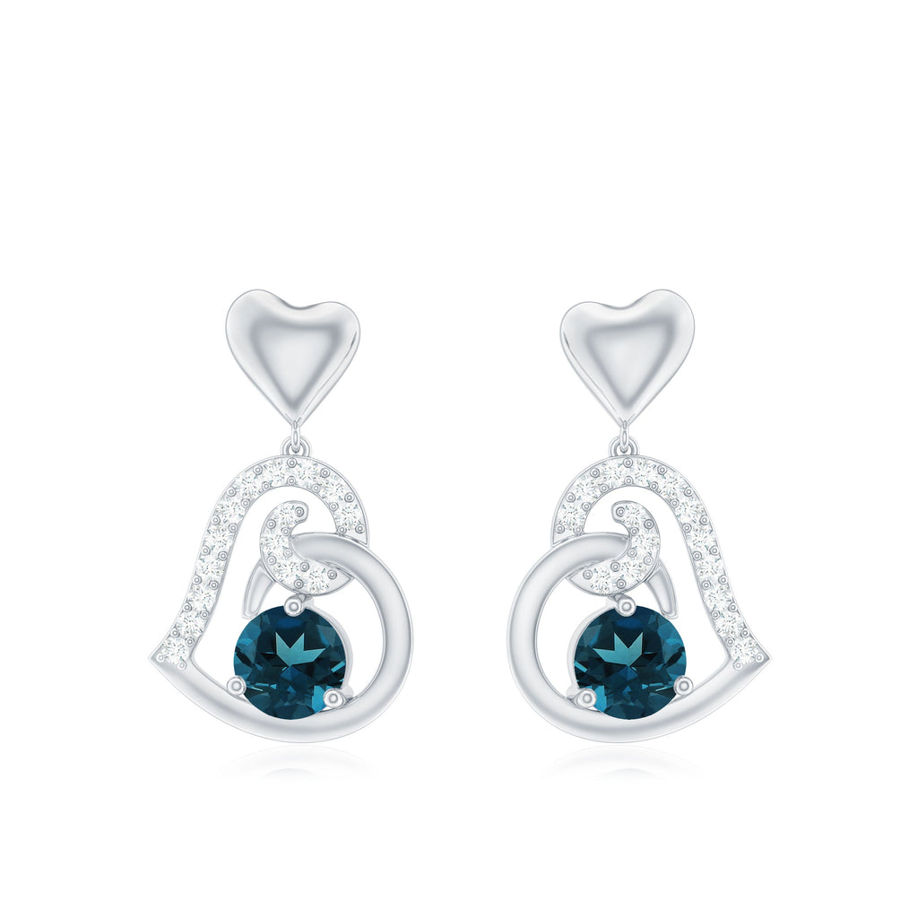 Round London Blue Topaz and Diamond Heart Drop Earring