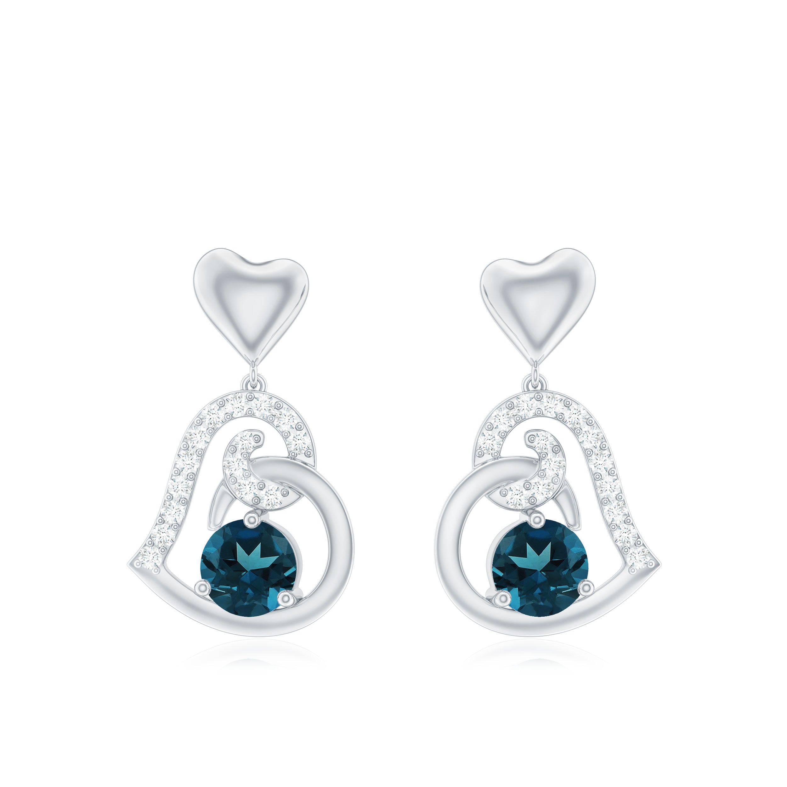 Round London Blue Topaz and Diamond Heart Drop Earring