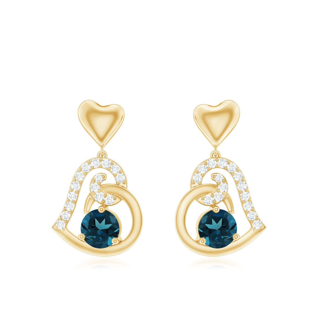 Round London Blue Topaz and Diamond Heart Drop Earring