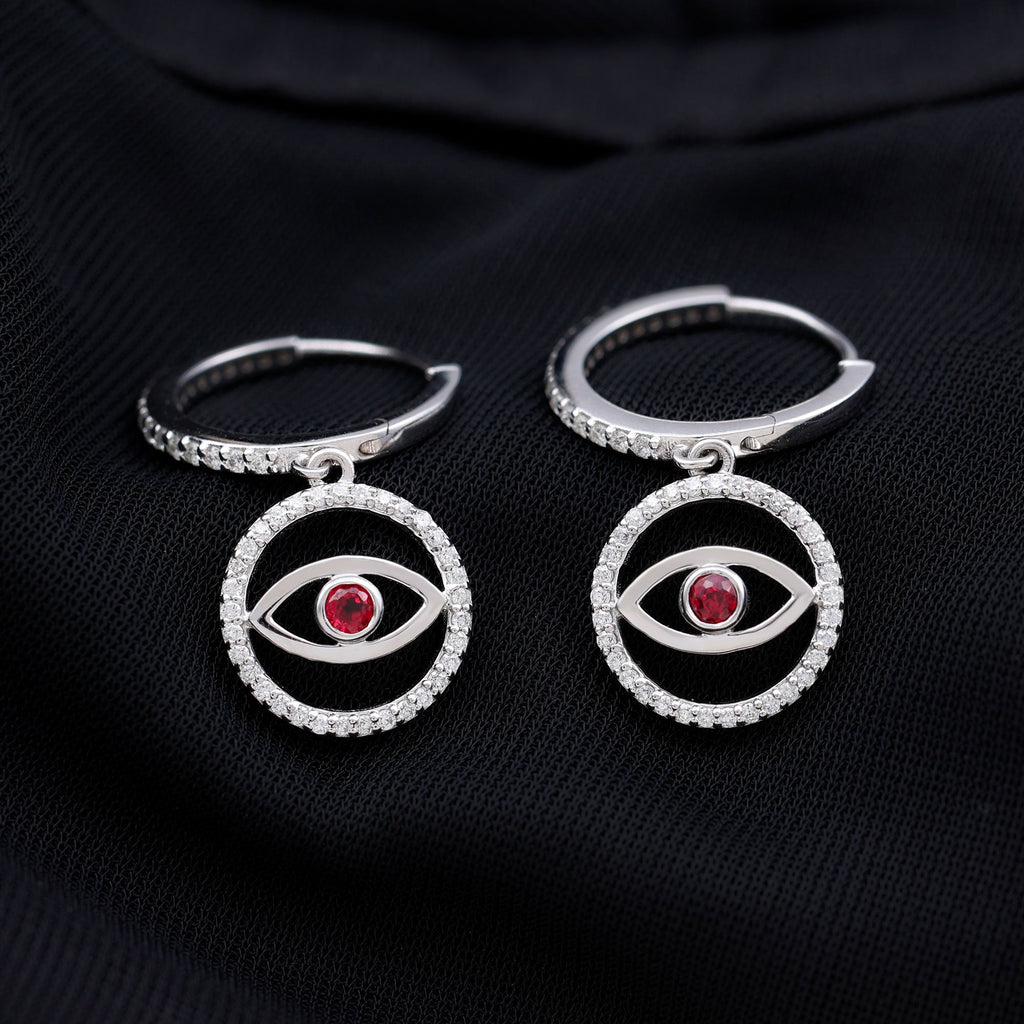Lab Created Ruby and Moissanite Evil Eye Hoop Drop Earrings