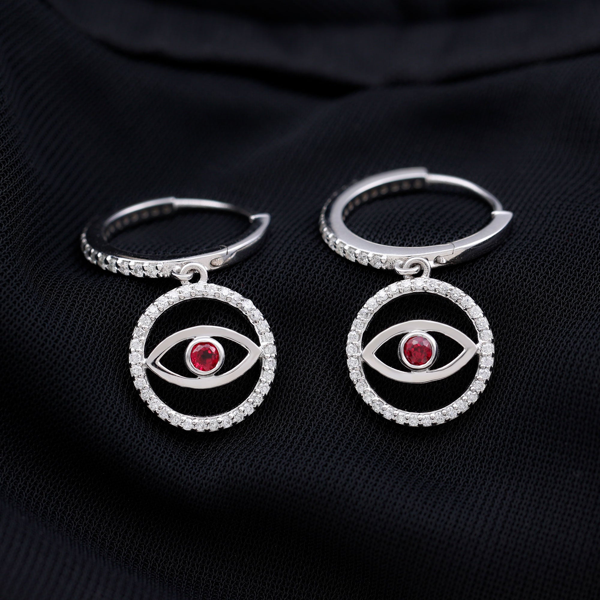 Lab Created Ruby and Moissanite Evil Eye Hoop Drop Earrings