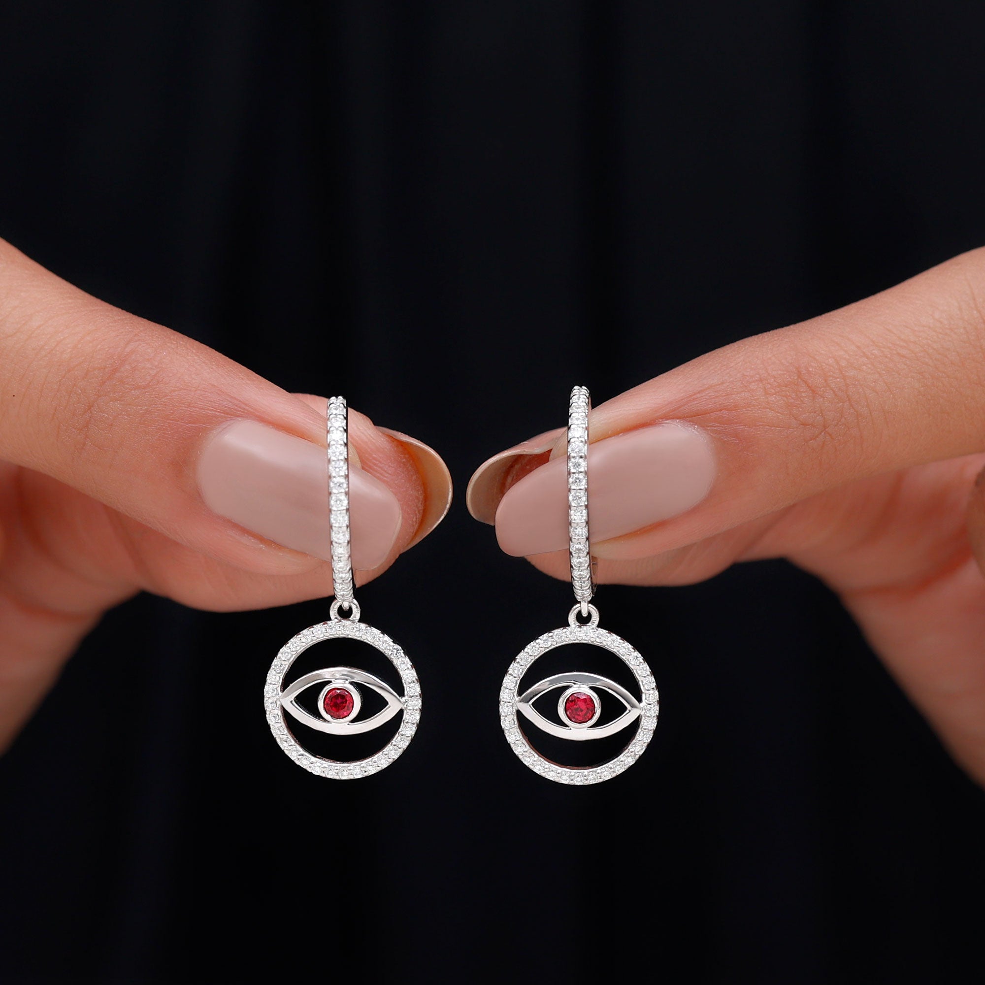 Lab Created Ruby and Moissanite Evil Eye Hoop Drop Earrings