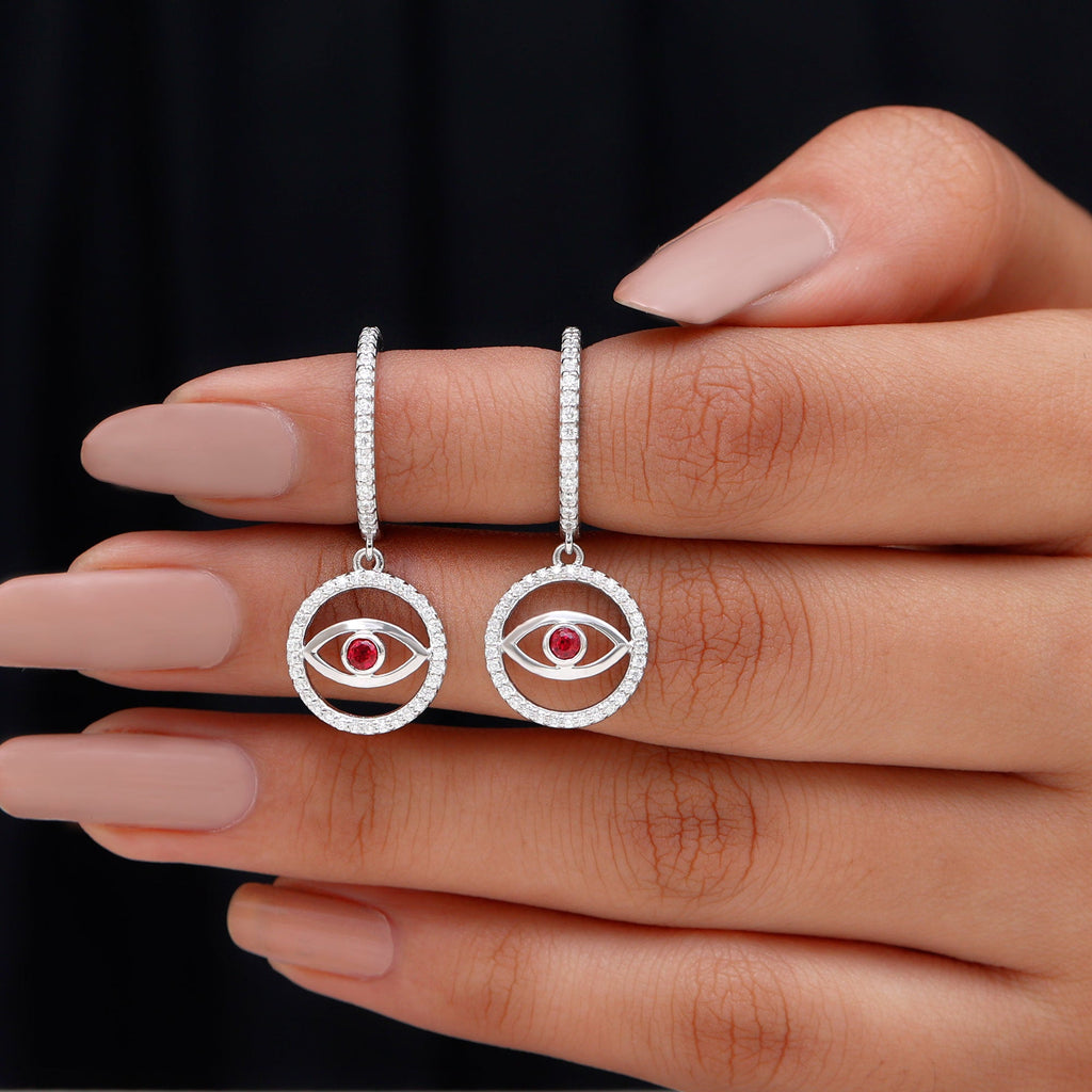 Lab Created Ruby and Moissanite Evil Eye Hoop Drop Earrings