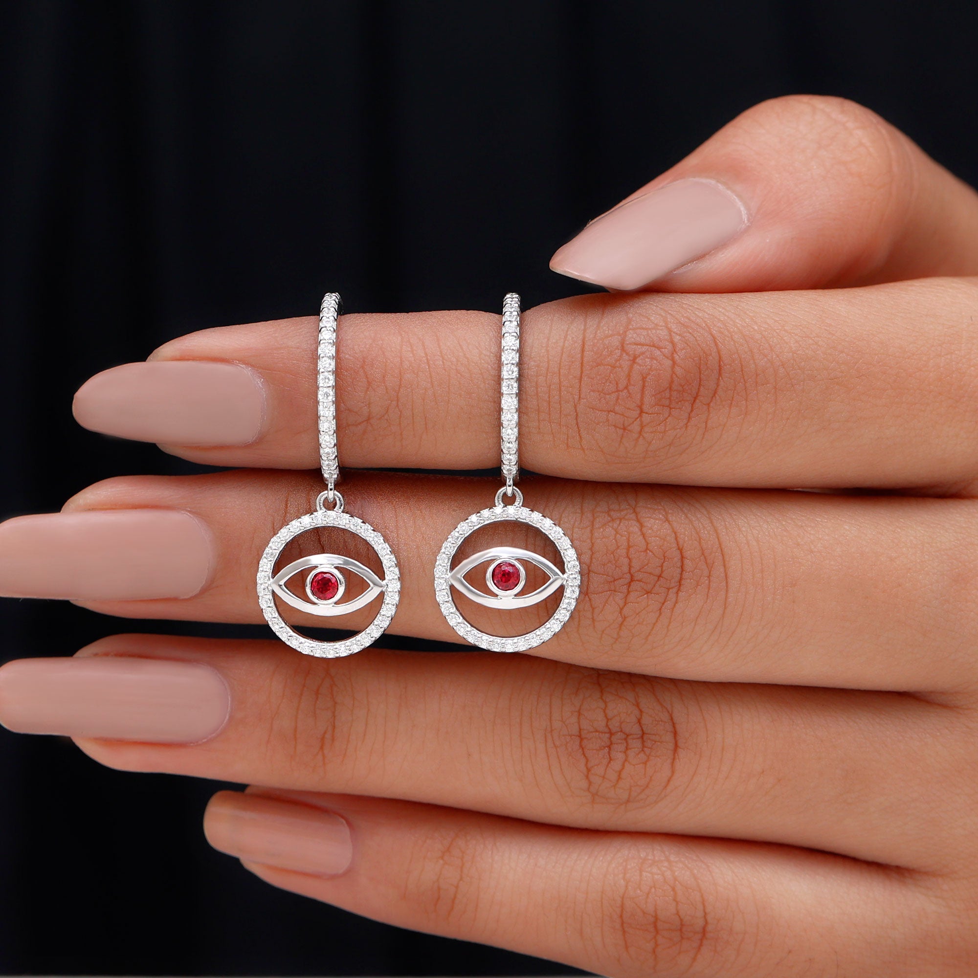 Lab Created Ruby and Moissanite Evil Eye Hoop Drop Earrings