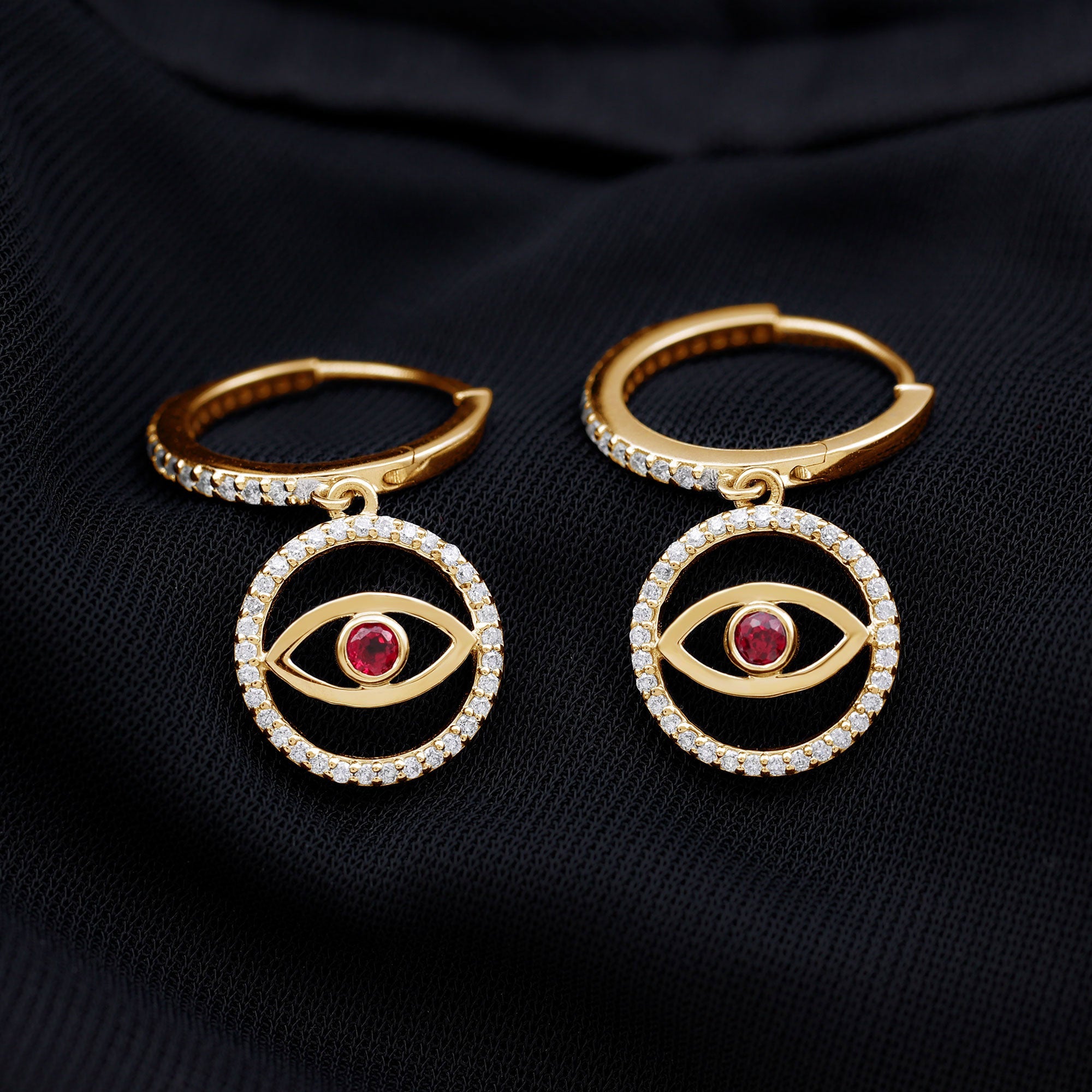 Lab Created Ruby and Moissanite Evil Eye Hoop Drop Earrings