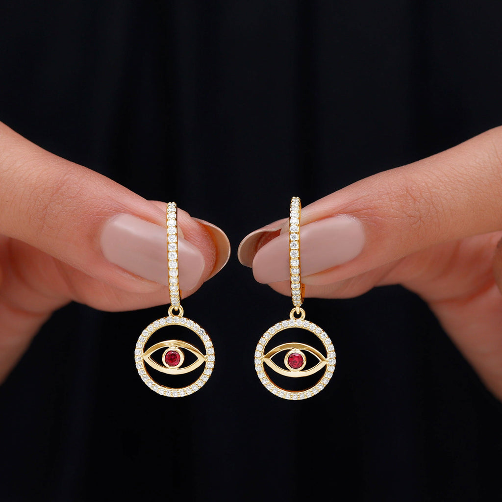 Lab Created Ruby and Moissanite Evil Eye Hoop Drop Earrings