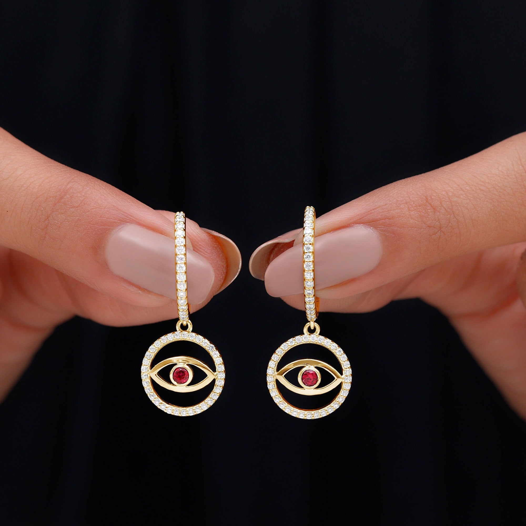 Lab Created Ruby and Moissanite Evil Eye Hoop Drop Earrings