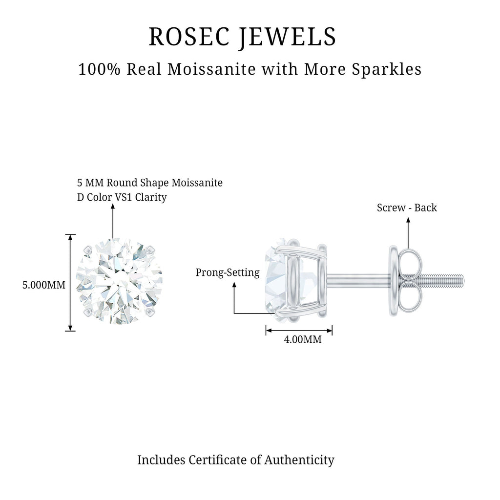 1 CT Round Shape Moissanite Solitaire Stud Earrings with Screw Back