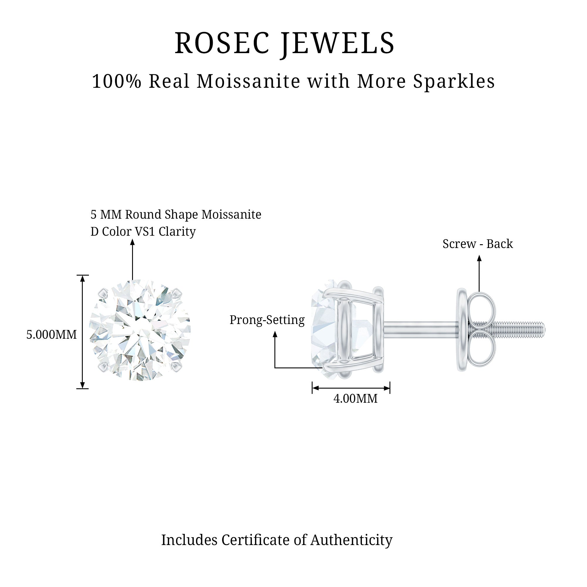 1 CT Round Shape Moissanite Solitaire Stud Earrings with Screw Back