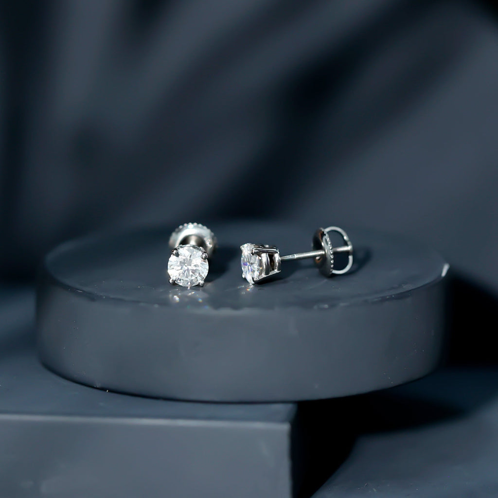 1 CT Round Shape Moissanite Solitaire Stud Earrings with Screw Back