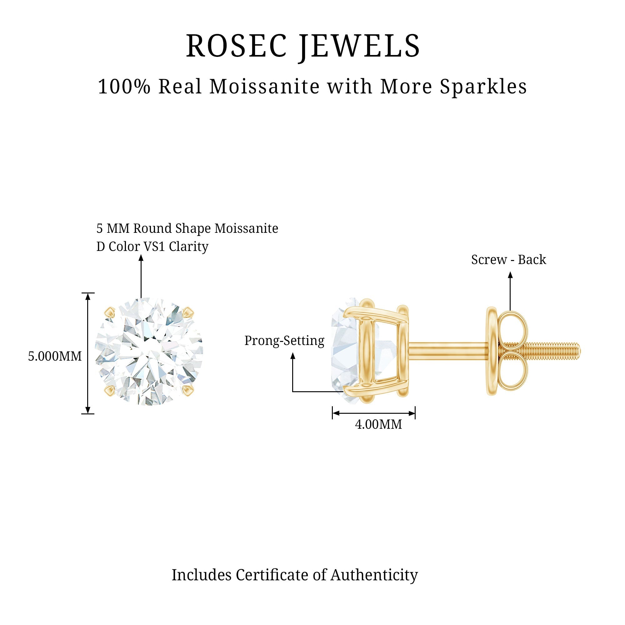 1 CT Round Shape Moissanite Solitaire Stud Earrings with Screw Back