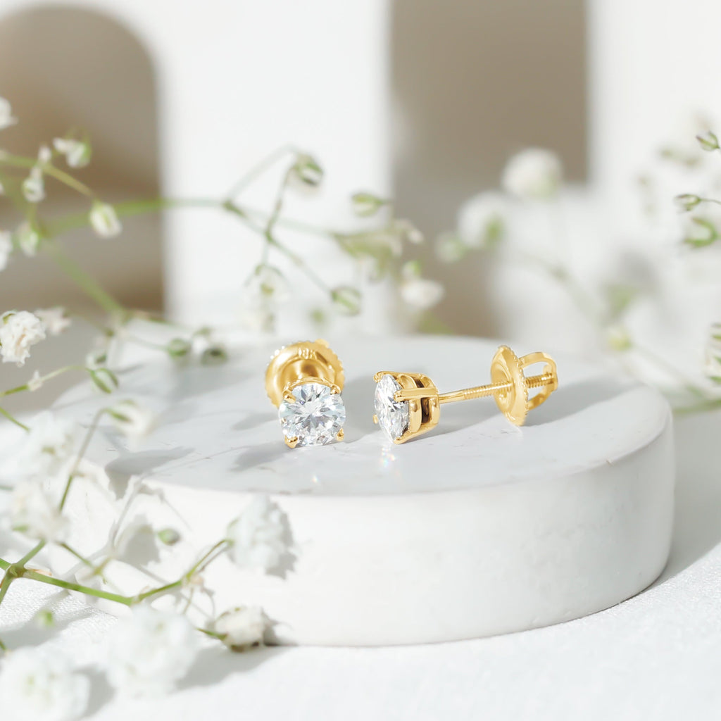 1 CT Round Shape Moissanite Solitaire Stud Earrings with Screw Back