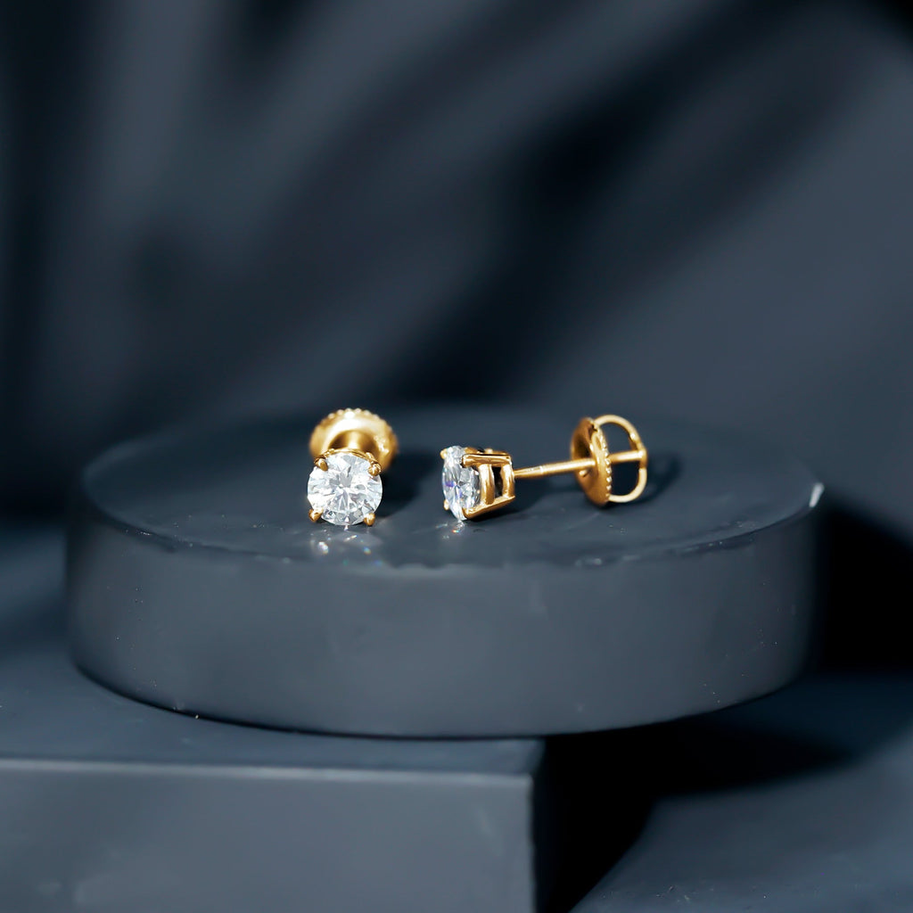 1 CT Round Shape Moissanite Solitaire Stud Earrings with Screw Back