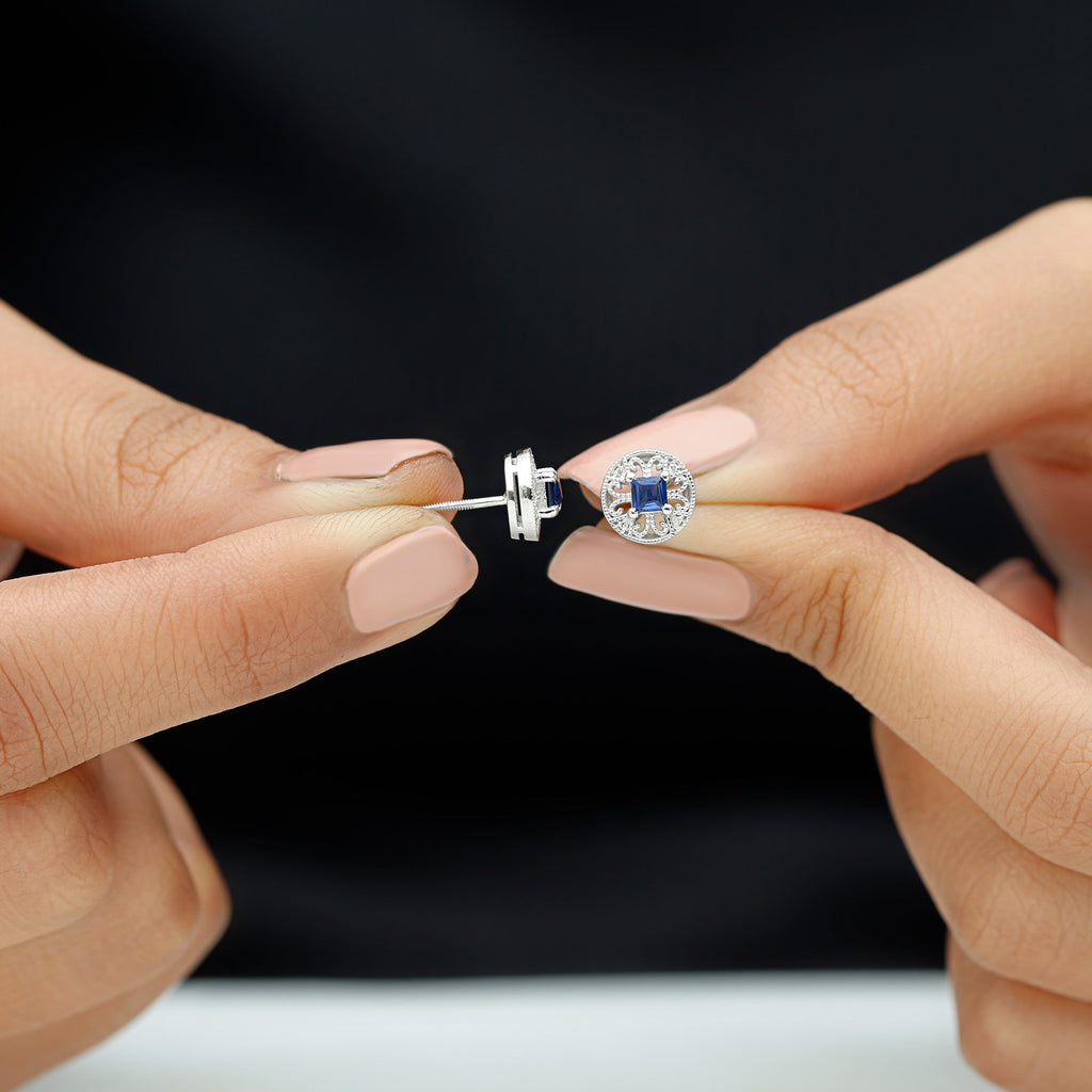 Antique Inspired Blue Sapphire and Diamond Stud Earrings