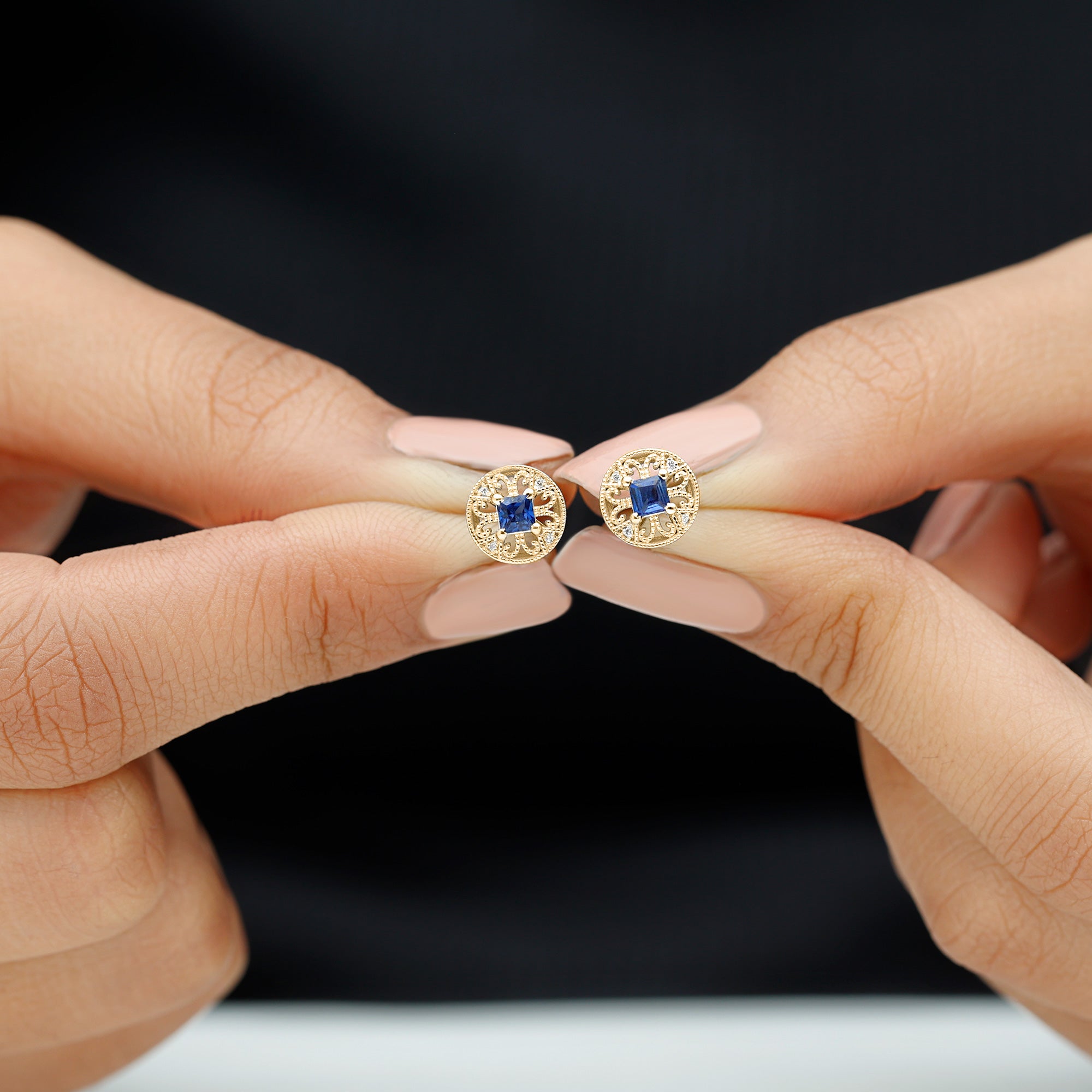 Antique Inspired Blue Sapphire and Diamond Stud Earrings