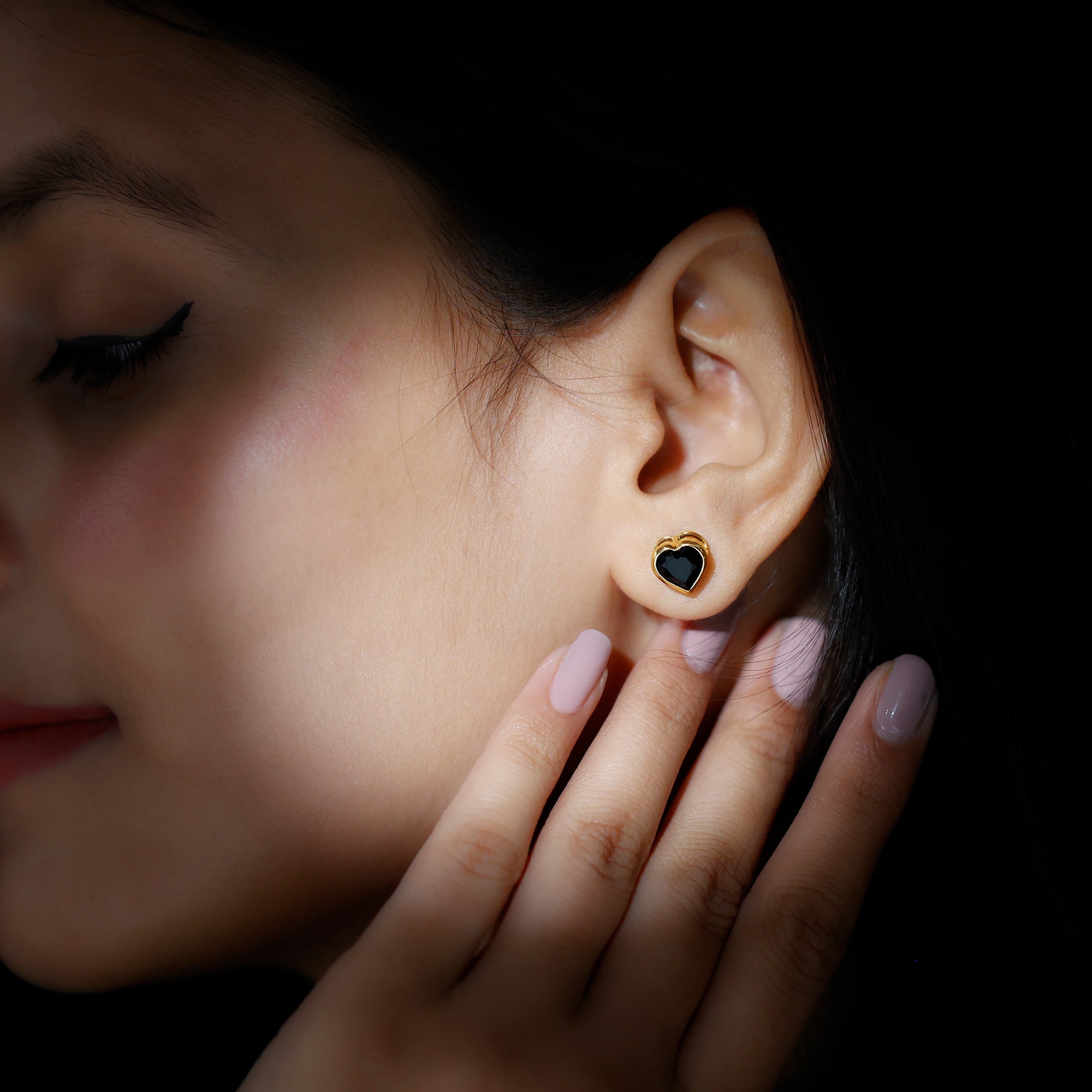 Bezel Set Black Onyx Heart Stud Earring