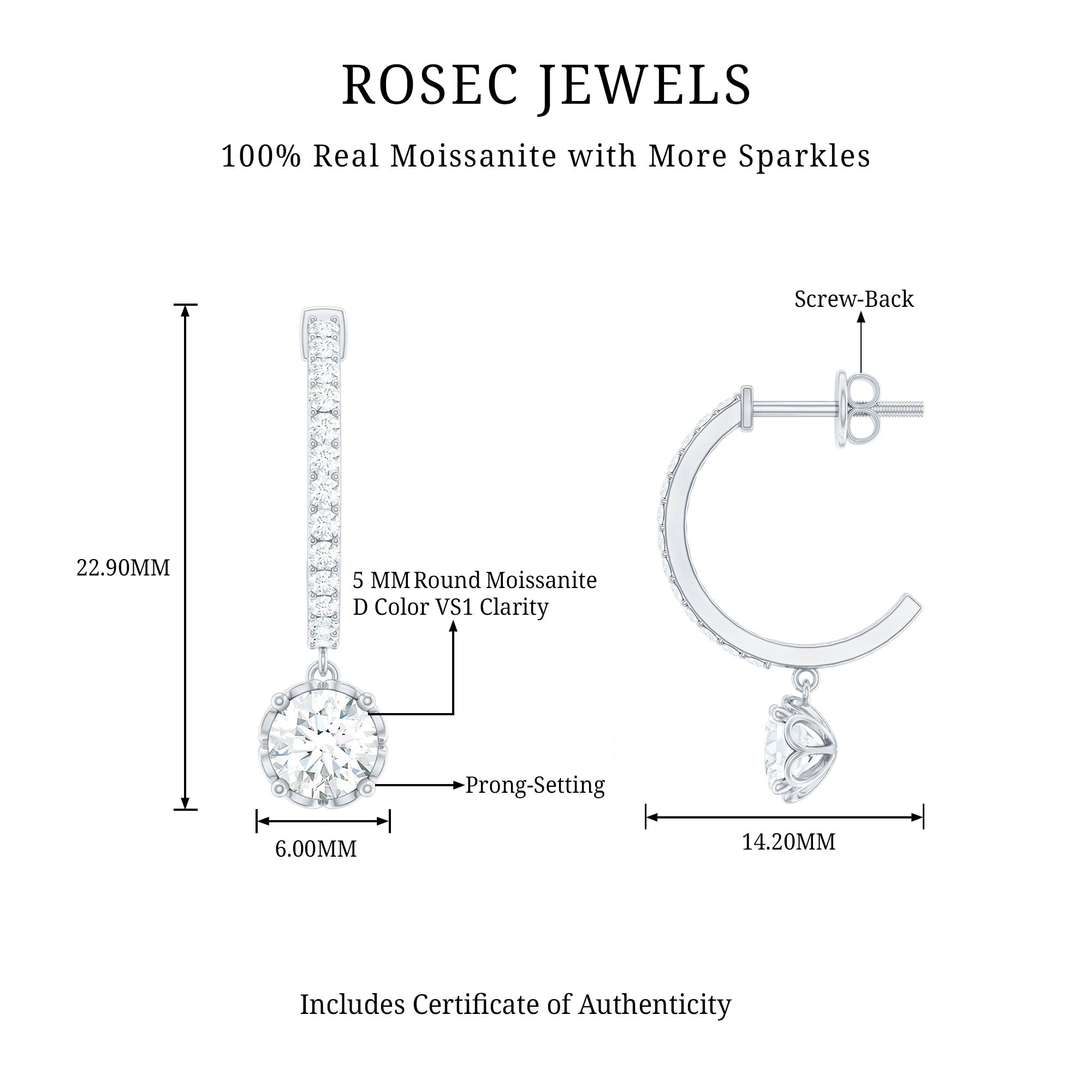 Sterling Silver Moissanite Hoop Drop Earrings for Women