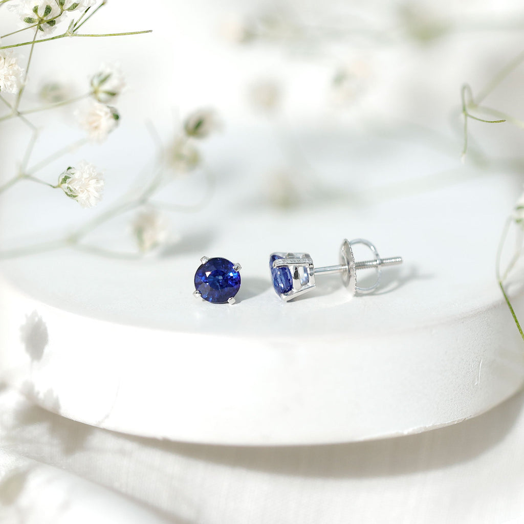 5MM Round Blue Sapphire Solitaire Stud Earrings in Claw Setting