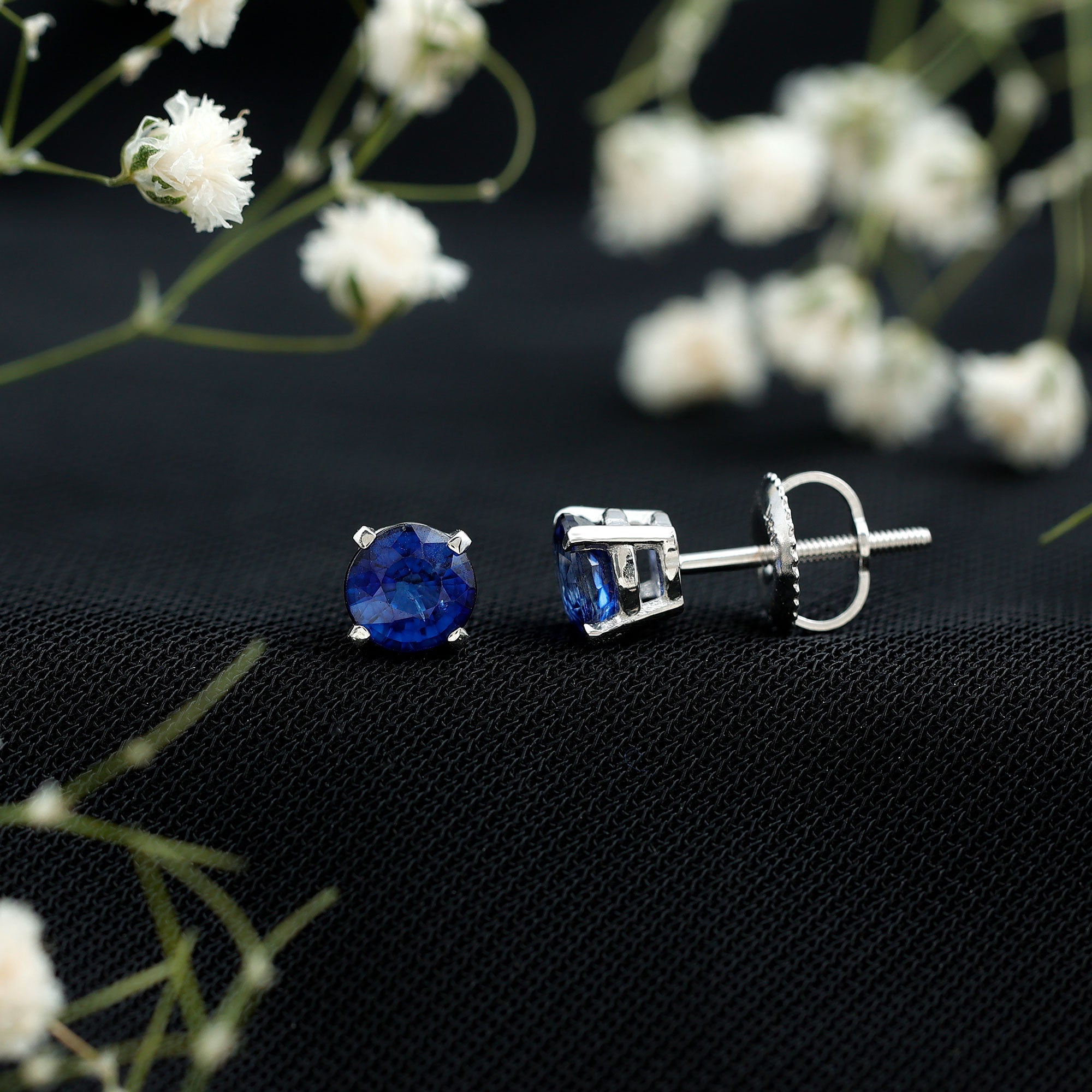 5MM Round Blue Sapphire Solitaire Stud Earrings in Claw Setting
