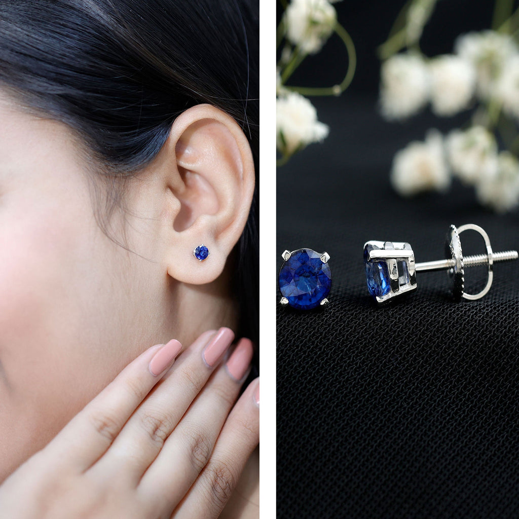 5MM Round Blue Sapphire Solitaire Stud Earrings in Claw Setting
