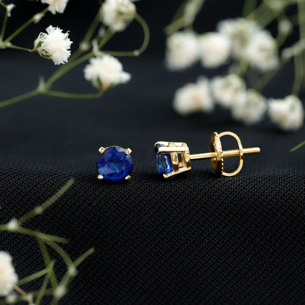 5MM Round Blue Sapphire Solitaire Stud Earrings in Claw Setting