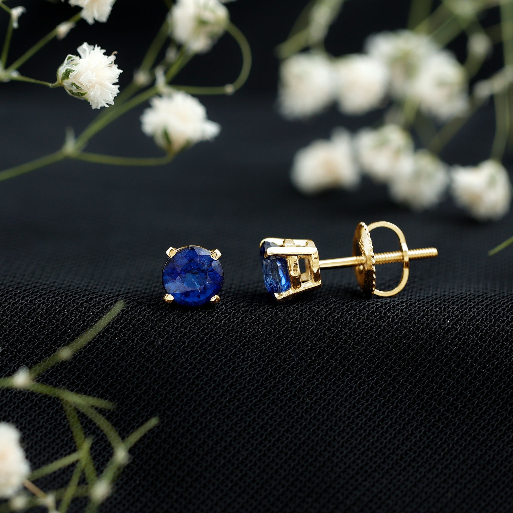 5MM Round Blue Sapphire Solitaire Stud Earrings in Claw Setting