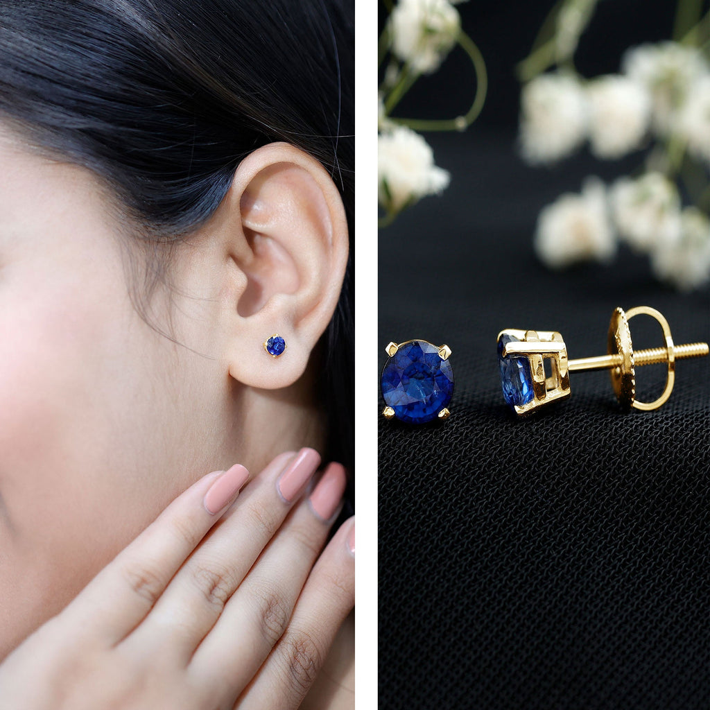 5MM Round Blue Sapphire Solitaire Stud Earrings in Claw Setting