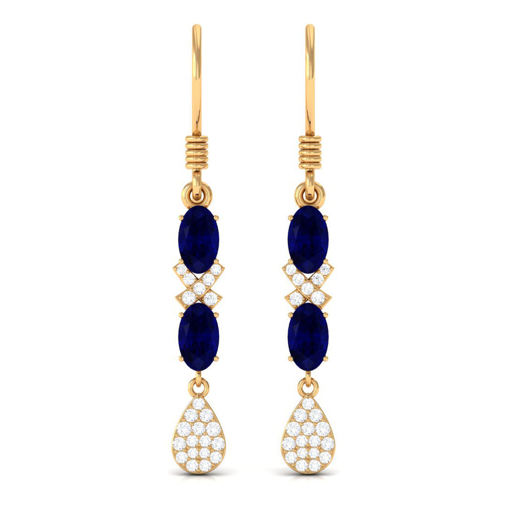 2 CT Oval Cut Blue Sapphire and Diamond Dangle Earrings